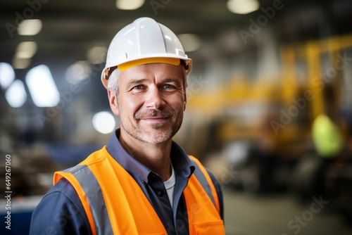 Confident factory worker portrait. Man in a safety vest and hard hat. AI generated