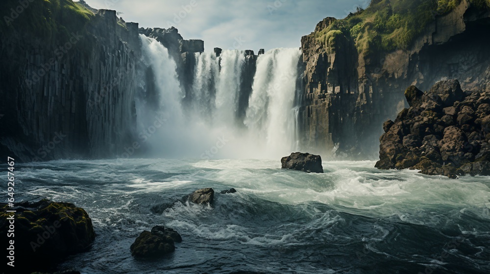 Atemberaubendes Naturschauspiel: wilder ungezähmter  Wasserfall - obrazy, fototapety, plakaty 