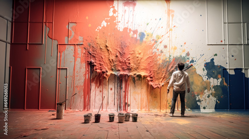He throws paint against the wall with wild abandon, creating vibrant splashes of color.