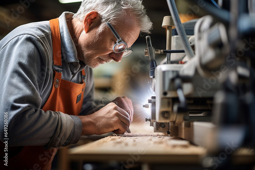 A senior man in his 60s wearing safety goggles  working in a shutter factory  He is using customized machinery for drilling joints into wood 