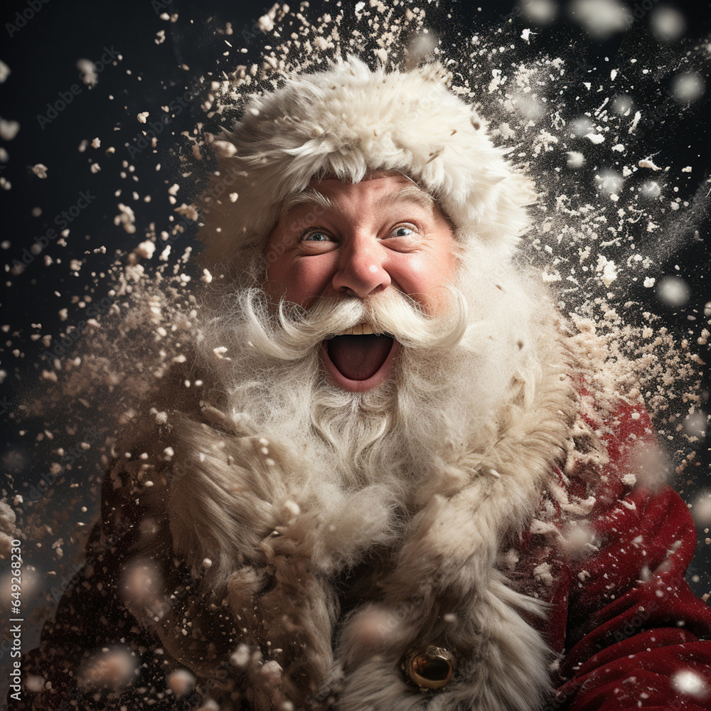 Merry Christmas and happy holidays! Santa Claus blows snow, ai technology