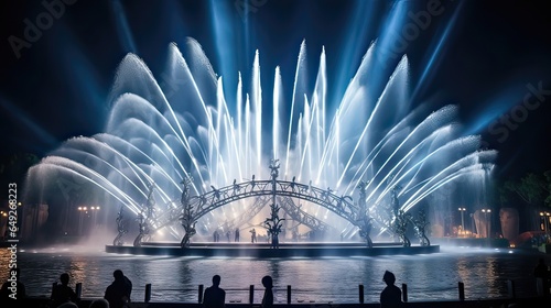Dance fountain show where water jets move in harmony with enchanting music. Synchronized aquatic choreography, musical magic, breathtaking display. Generated by AI.