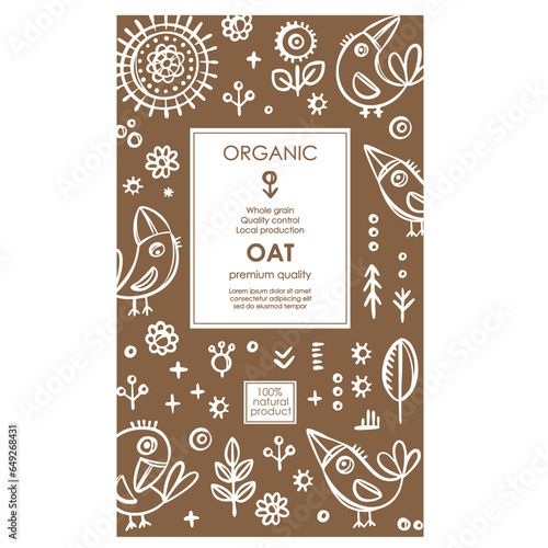 OAT PACKAGING Groats Abstract Nature Modern Vector Template With White Birds And Plants On Brown Color Background Organic Design With Hand Drawn Illustration