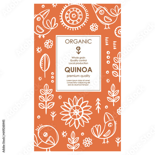 QUINOA PACKAGING Groats Abstract Nature Modern Vector Template With White Birds And Plants On Orange Color Background Organic Design With Hand Drawn Sketch