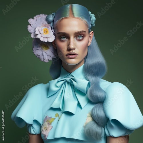 Arrogant model in a bluedress with flowers on her head photo