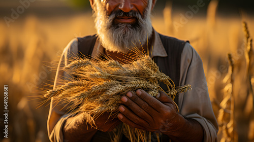 Indian farmer holding crop plant in his Wheat field 