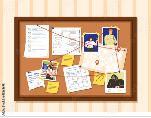Evidence board concept. Photos and documents on board tied with red threads. Search for criminal and criminal investigation. Detective office interior. Cartoon flat vector illustration