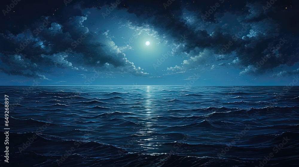 Ocean waves that capture the moonlight on a tranquil night, where the serene marriage of sea and sky. Moonlit magic, tranquil waters. Generated by AI.