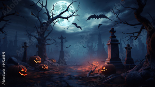 Mystical Halloween Background: Jack-o'-Lantern in a Spooky Forest with a Full Moon and Bats