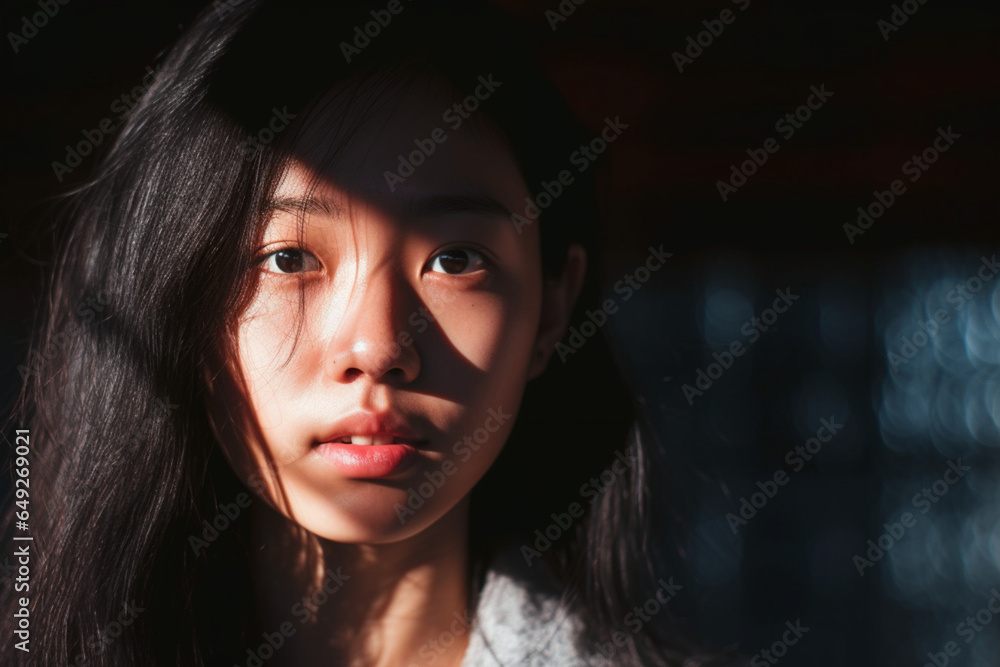 A portrait of a young Asian woman while half of her face is lit by the sun and the other half is in the shadow A portrait of a young Asian woman while half of her face is lit by the sun and the other half is in the shadow