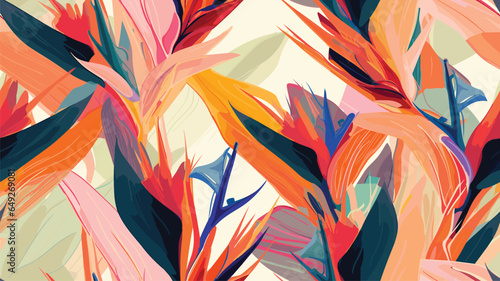 Exotic abstract tropical pattern with strelitzia flower or bird of paradise. Colorful botanical abstract contemporary seamless pattern