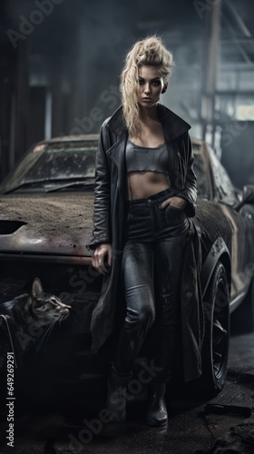 Attractive woman in an old jacket in a post-apocalyptic world