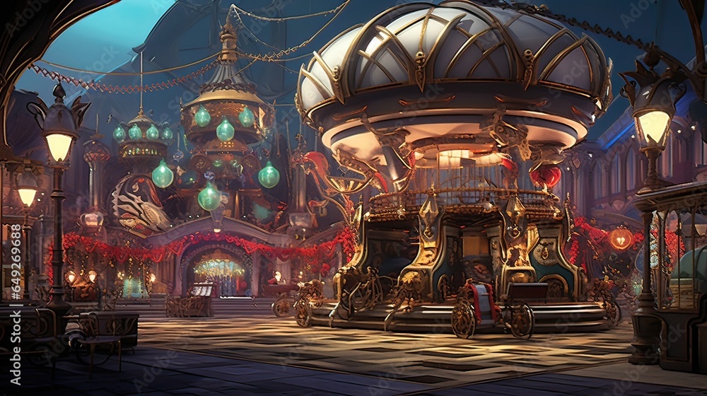 Obraz premium Steampunk-inspired wonder with retro-futuristic rides. Steampunk magic, vintage futurism, brass and steam, time-honored innovation. Generated by AI.