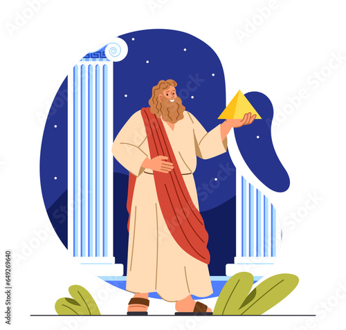 Great greek scientist with pyramid concept. Man in traditional old clothes near marble columns. Culture and history. Ancient citizen of Greece or Rome Empire. Cartoon flat vector illustration