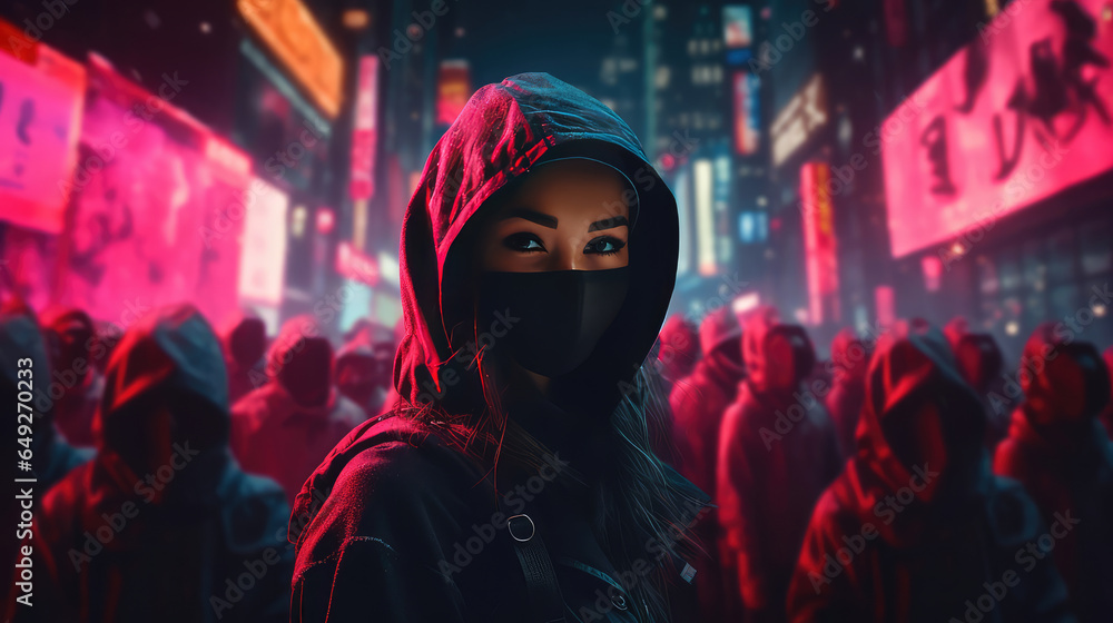 Woman ninja with black hoodie in the Tokyo downtown Woman ninja with black hoodie in the Tokyo downtown