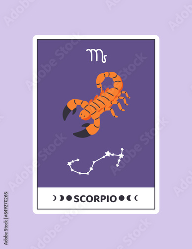 Horoscope card with Scorpio concept. Astrological zodiac sign with scorpion. Date of birth. Template, layout and mock up. Cartoon flat vector illustration isolated on violet background