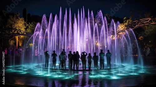 Water fountain show choreographed to music and lights. Enchanting, synchronized spectacle, aquatic ballet, dazzling display, harmonious fusion. Generated by AI.