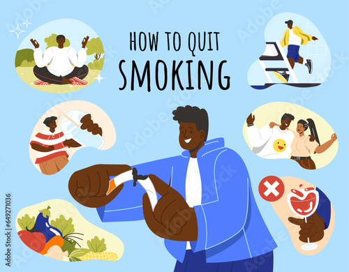 How to quit smoking concept. Infographics and educational materials. Man with friends, sports and healthy eating. Fight agains bad habit. Cartoon flat vector illustration isolated on blue background