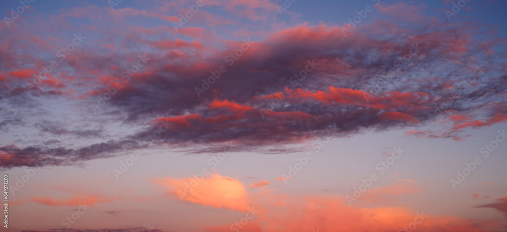 Sunset sky with dark red-pink clouds on a summer evening. Sky background