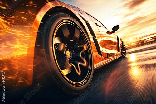 Sports car speeding on the racing track. Closeup shot. Generative Ai © ArtmediaworX