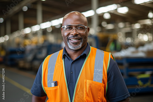 A mature African-American man working in a plastics factory, He is standing on the factory floor with his hands on his hips, smiling at the camera