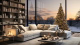 gran salon decorado con árbol de navidad con grandes ventanales con vistas a un bosque nevado