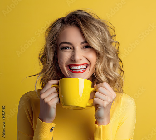 mujer rubia con media melena ondulada sonriendo mirando a camara,  tomando un cafe o infusion sosteniendo con sus manos una taza amarilla, sobre fondo de estudio amarillo con espacio vacio  photo