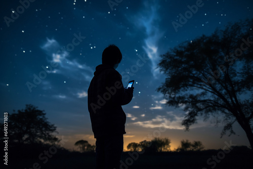 A man takes a photo of the night sky on his phone, Silhouette photo