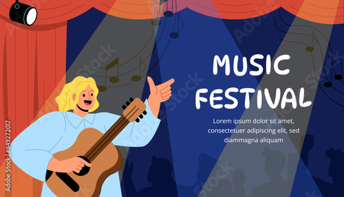 Music festival banner. Man with guitar near red curtains. Artist and musician at stage or scene. Perfomance, cultural rest and leisure. Landing page design. Cartoon flat vector illustration