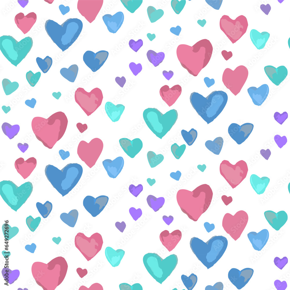 Pink and blue hearts seamless pattern for textile or wallpaper, scrapbook. Vector background in gray, blue and pink color