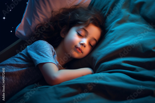 A Little Girl Sleeping In Her Bed At Night