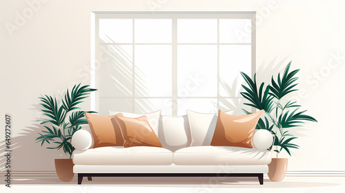 White Couch With Pillows And Plants In Front Of A Window