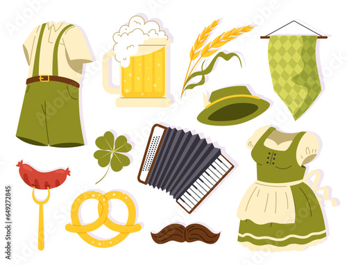 Oktoberfest elements set. Traditional german holiday and festival. Clothes for man and woman, glass with beer and pretzel, sausage. Cartoon flat vector collection isolated on white background