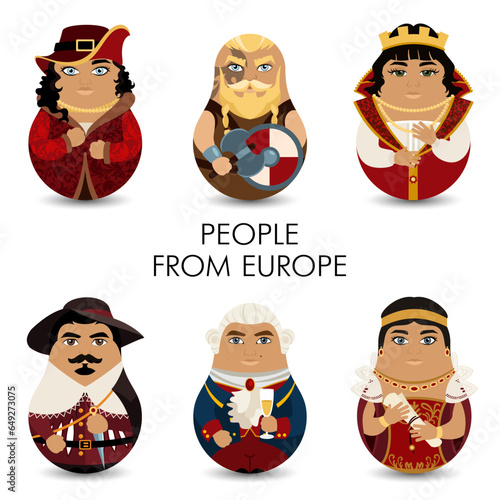 Design tilting toy. Residents of European countries in historical costumes. Europeans. Modern kawaii dolls for your business project. Vector