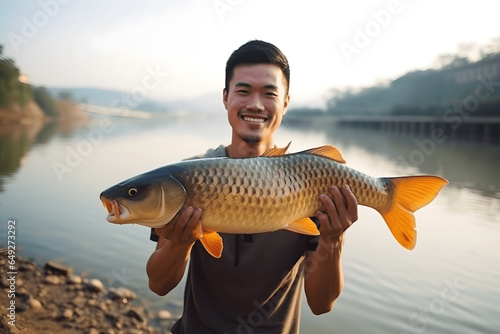 Happy cheerful asian fisherman holding a large fish n a background of lake and nature in the morning