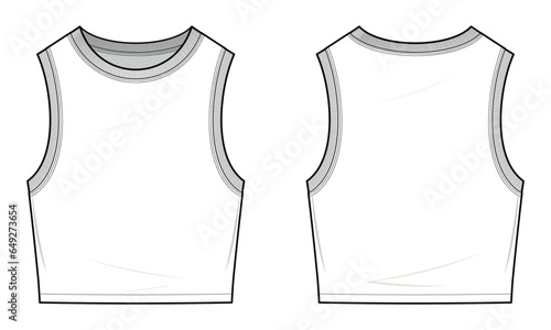 Crop Sweater Vest technical fashion illustration. Sweater Vest fashion flat technical drawing template. round neckline. front and back view. Cropped. unisex. white color. CAD mockup set.