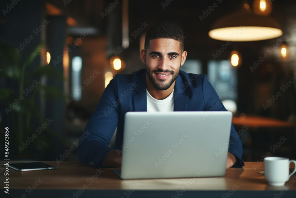 A Happy Businessman Looking At Camera While Working On His Computer A Happy Businessman Looking At Camera While Working On His Computer