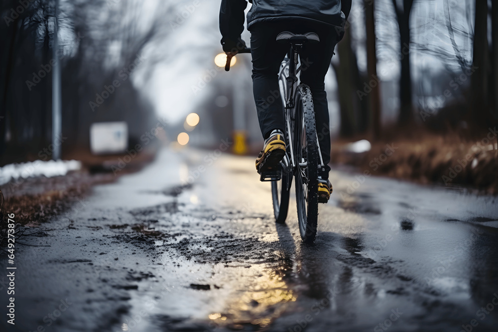 close up man riding a bicycle on a road in a winter snow - obrazy, fototapety, plakaty 