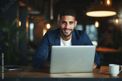 A Happy Businessman Looking At Camera While Working On His Computer