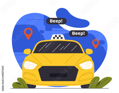 Taxi service concept. Yellow car front view. Travels and trips. Urban infrastructure and service. Transport, auto and veicle, mobile taxi application. Cartoon flat vector illustration