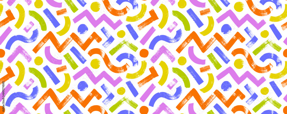Colorful geometric seamless banner with basic shapes and lines. Straight bold lines, stripes, zigzag and circles. Colorful geometric seamless banner with basic shapes and lines. Straight bold lines, stripes, zigzag and circles.