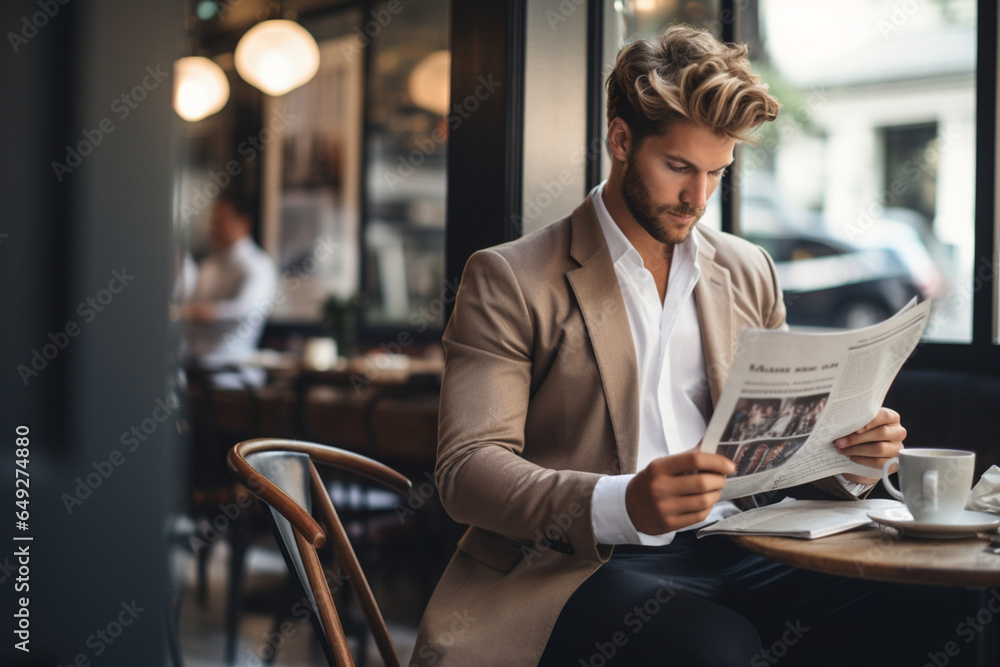 A handsome young man reading a newspaper while enjoying a cup of coffee at a cafe - cropped - obrazy, fototapety, plakaty 
