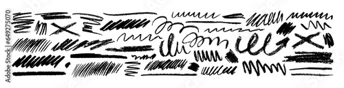 Scribble line set, vector crayon doodle strokes. Charcoal squiggle lines, swirls and strikethrough underlines.