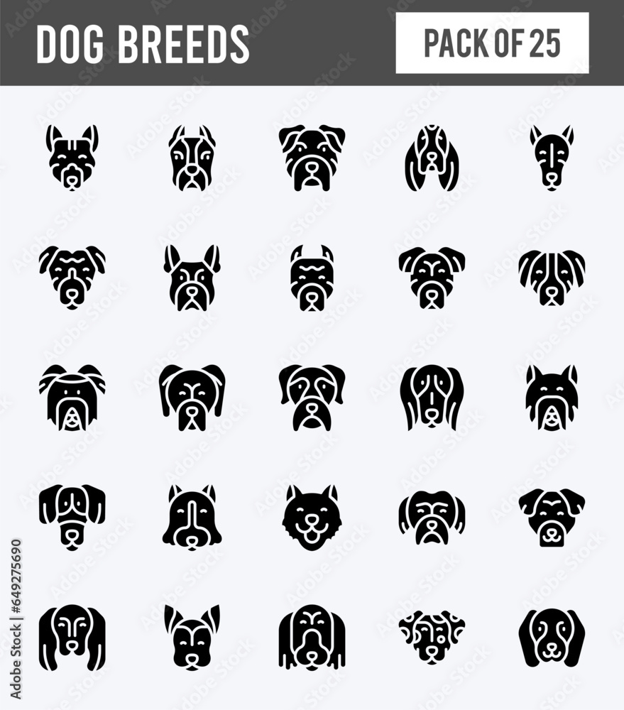 25 Dog Breeds Glyph icons pack. vector illustration.