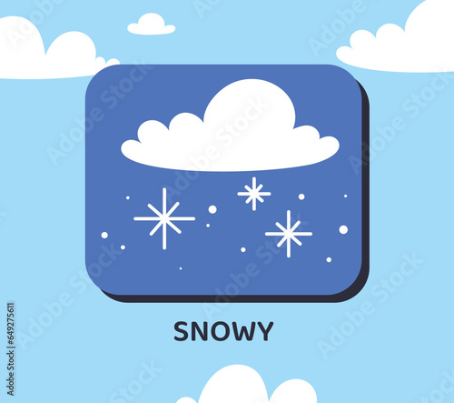 Weather effect snowy concept. Design element for mobile forecasting application. Winter season and cold weather. Template and layout. Cartoon flat vector illustration isolated on sky background