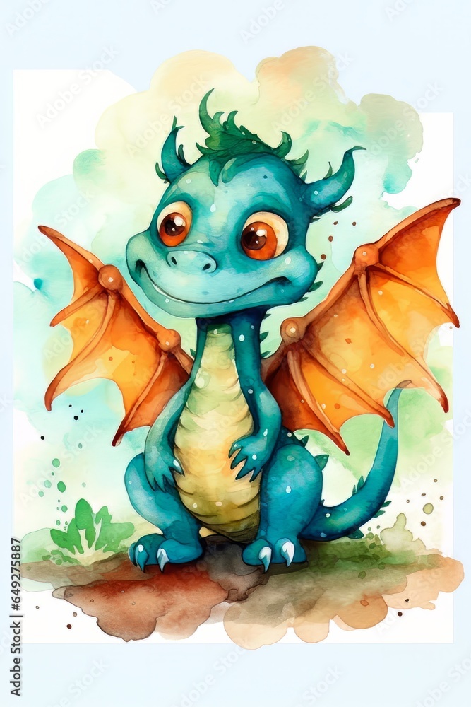 Cute cartoon dragon on a blue background. Dragon - symbol of the new year 2024. Packaging design, postcard. Cute cartoon dragon on a blue background. Dragon - symbol of the new year 2024. Packaging design, postcard.