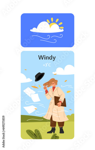 Weather scene windy concept. Woman with bag and black hat in beige coat. Autumn season scene and panorama. Template, layout and mock up. Cartoon flat vector illustration isolated on white background