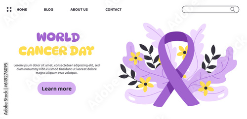 World cancer day concept. International holiday of awareness. Healthcare and medicine. Violet ribbon near flowers. Template, layout and mock up. Cartoon flat vector illustration