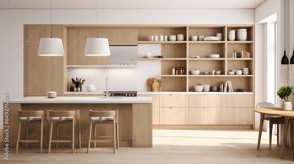 Empty minimalist kitchen with scandinavian style with wooden and white details, luxury kitchen interior in white tone Empty minimalist kitchen with scandinavian style with wooden and white details, luxury kitchen interior in white tone