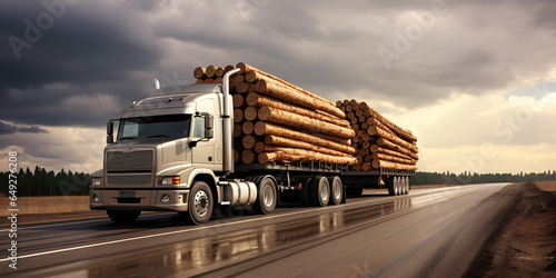Lumber from felled trees on truck in country industry concept
